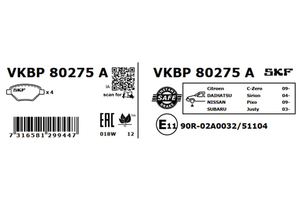 Jogo de 4 pastilhas de travão SKF ref. VKBP 80275 A
